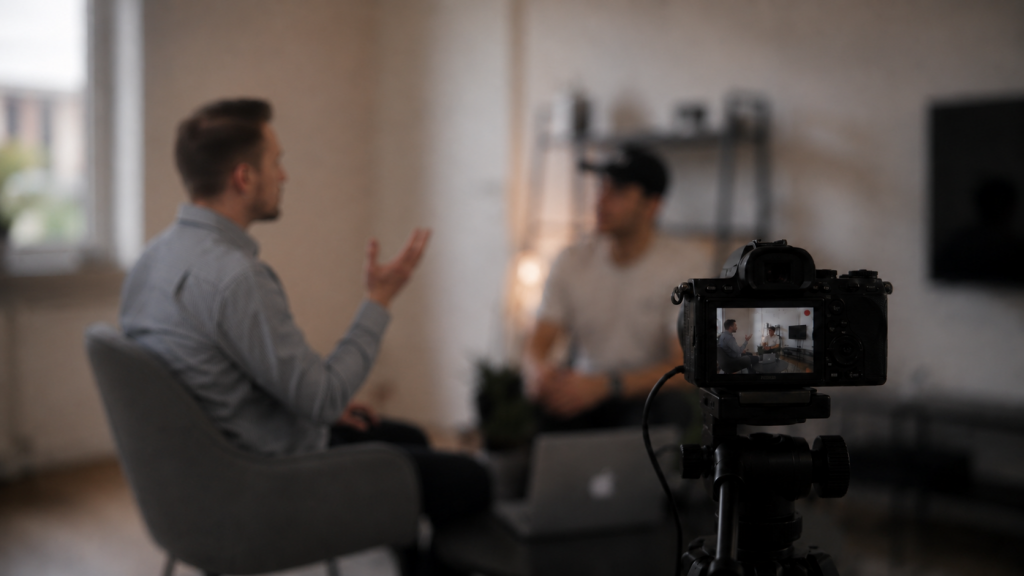 Interviewsituation bei einem Videodreh mit Kamera im Vordergrund